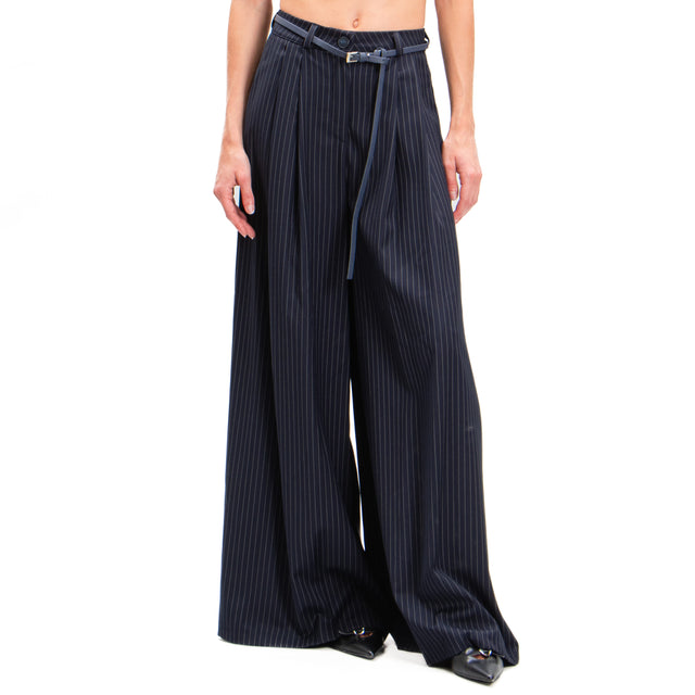 Haveone-Pantalone wide leg gessato con pinces - blu