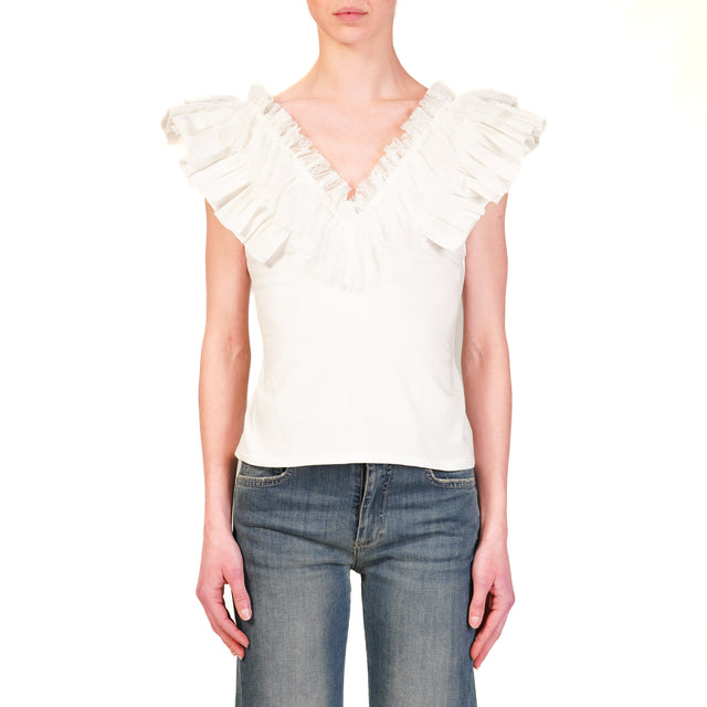 Haveone-Top scollo v con pizzo - bianco