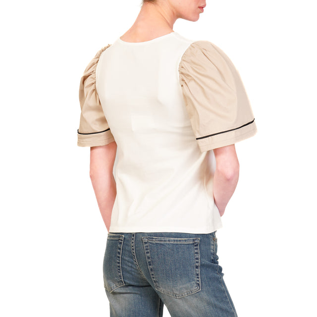 Haveone-T-shirt scollo v mezza manica - bianco/beige