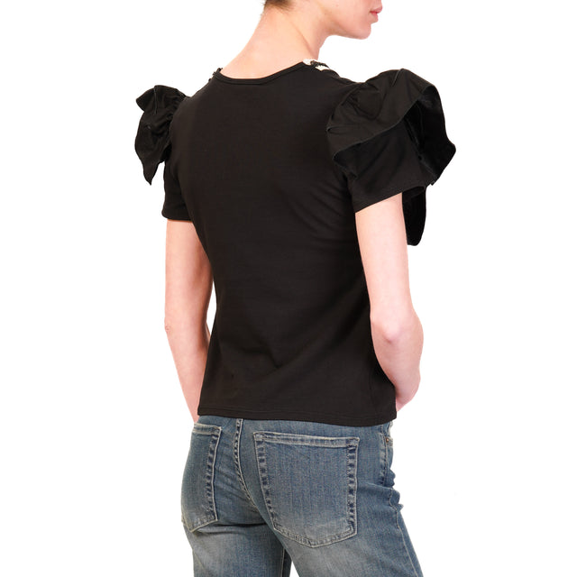 Haveone-T-shirt scollo v manica rouches - nero