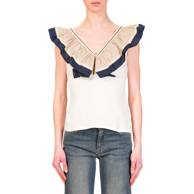 Haveone-Top doppio scollo v con passamaneria - bianco/beige/blu