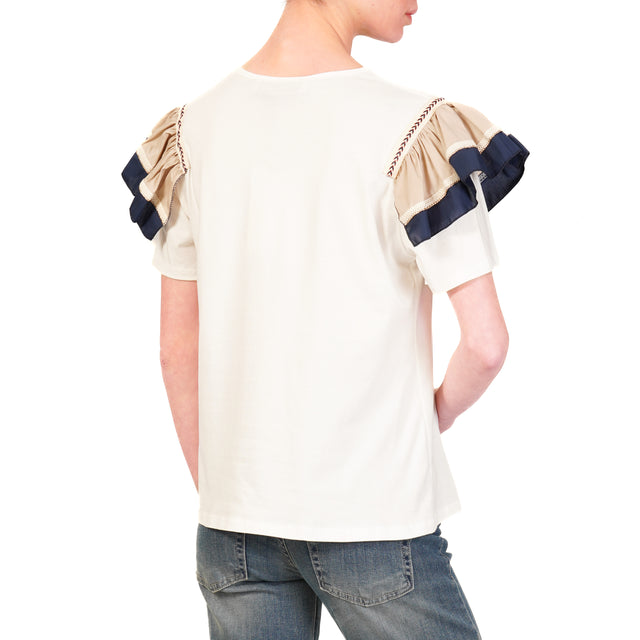 Haveone-T-shirt manica volant - bianco/beige/blu