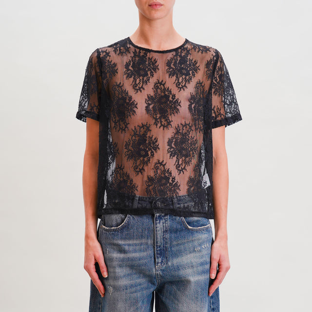 Haveone-Blusa mezza manica in pizzo - nero