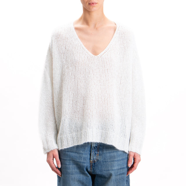 Kontatto-Maglia mohair scollo v con paillettes - offwhite