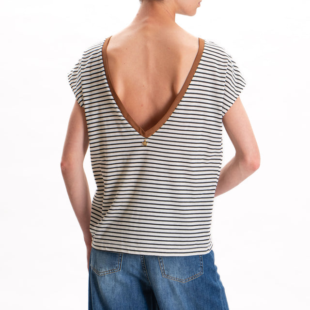 Souvenir-Camiseta de rayas con cuello en V en la espalda - cuero/butter/negro