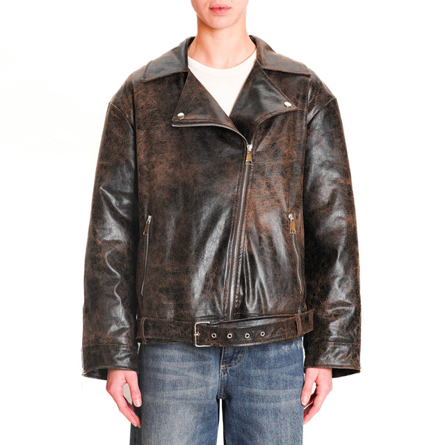 Motel-Vintage Faux Leather Biker Jacket - Dark Brown