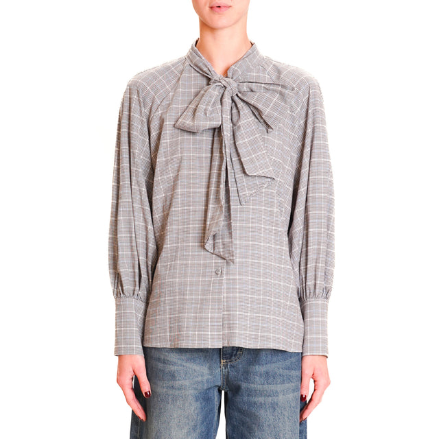 Motel-Pied de poule shirt with jabot - milk/light blue/dark brown