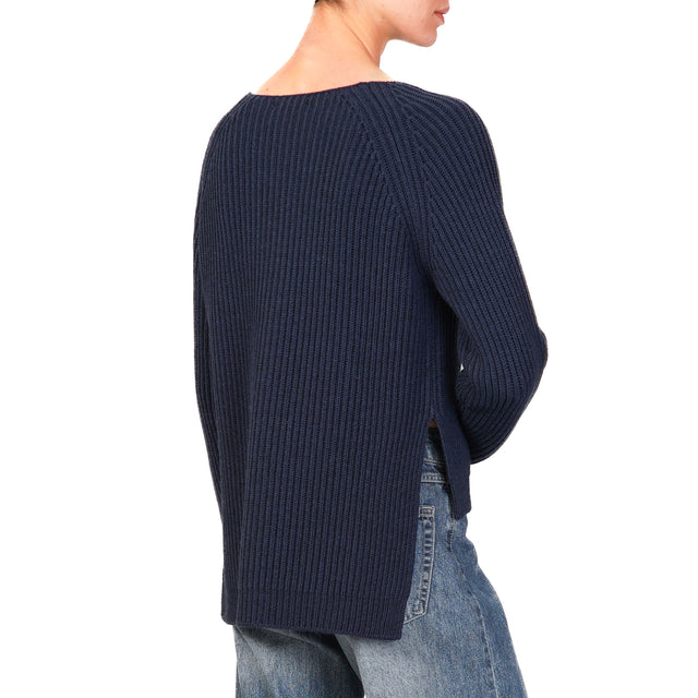 Motel-Cropped Ribbed Crewneck Sweater - Blue