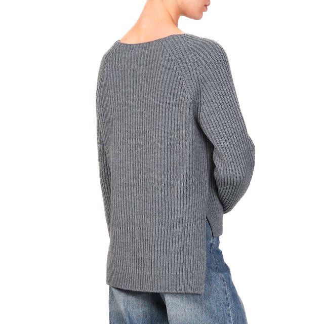 Motel-Crewneck Ribbed Cropped Front Sweater - Charcoal