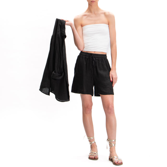 Tensione in- Shorts in lino con coulisse - nero
