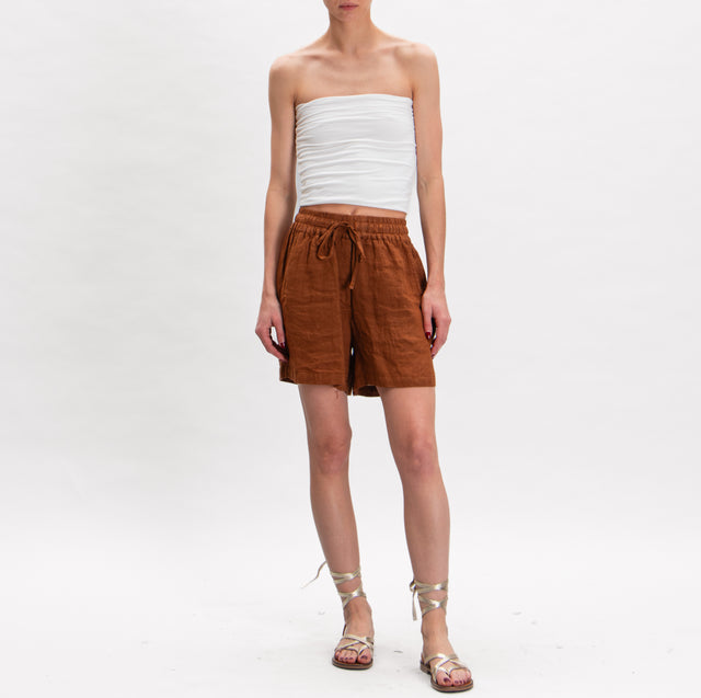Tensione in- Shorts in lino con coulisse - tabacco