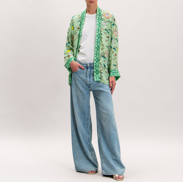 Wu'side-Kimono corto con estampado floral - agua/verde/cuero