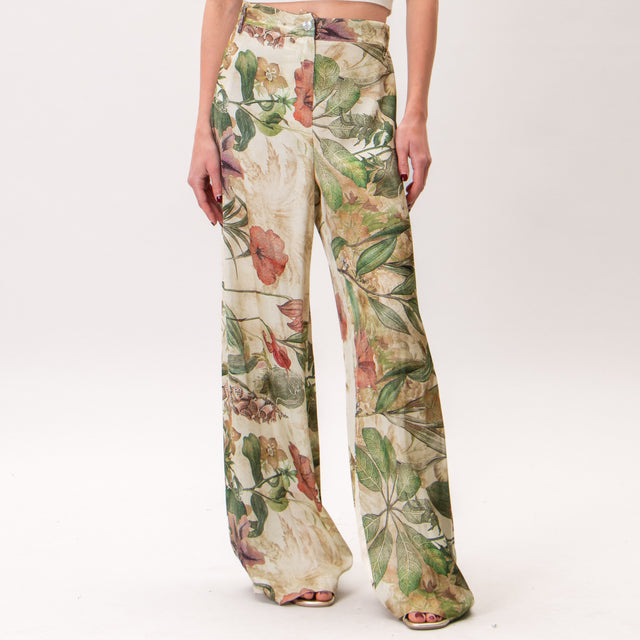 Motel-Pantalones de raso con estampado floral - arena/verde