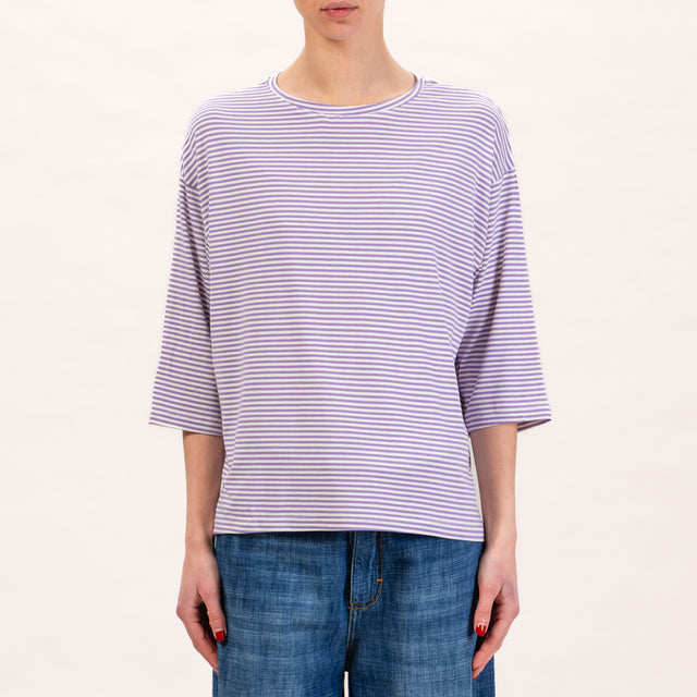 Zeroassoluto-Camiseta de punto a rayas con mangas 3/4 - leche/lila