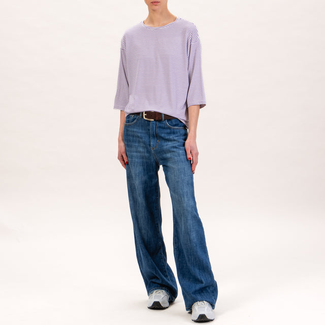 Zeroassoluto-Camiseta de punto a rayas con mangas 3/4 - leche/lila