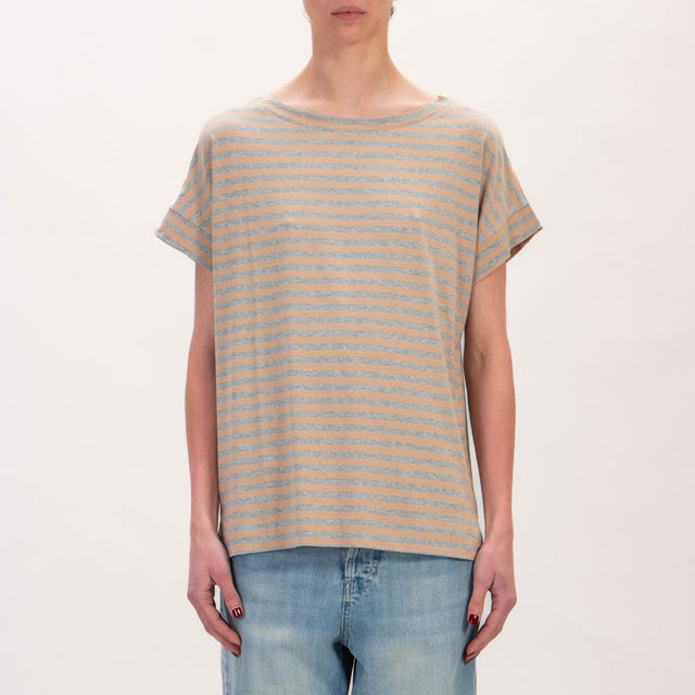 Zeroassoluto-Camiseta de punto a rayas - gris melange/beige