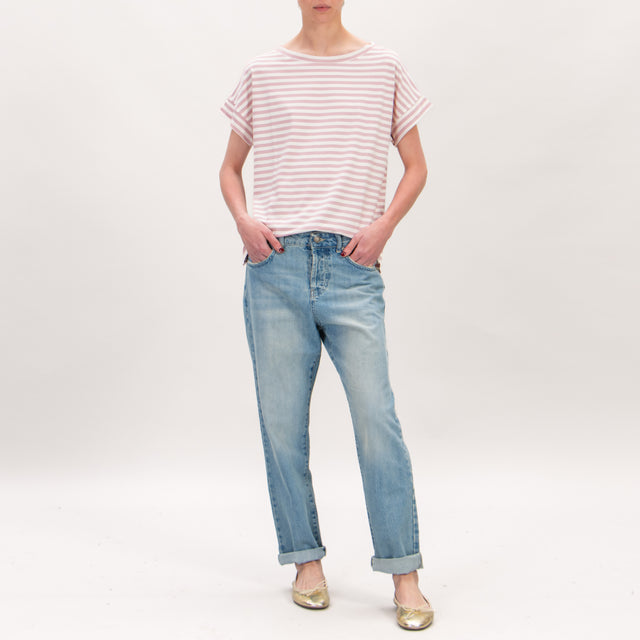 Zeroassoluto-Camiseta de punto cuadrado a rayas - mantequilla/rosa