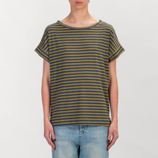 Zeroassoluto-Camiseta de punto cuadrado a rayas - oliva/azul