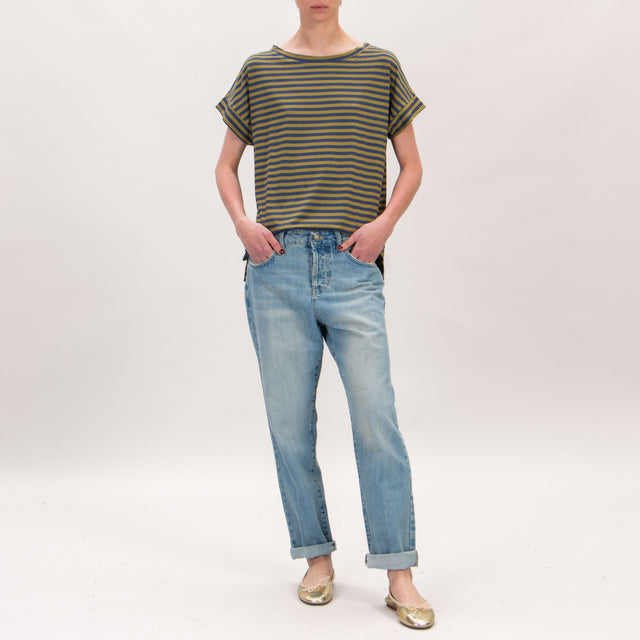 Zeroassoluto-Camiseta de punto cuadrado a rayas - oliva/azul