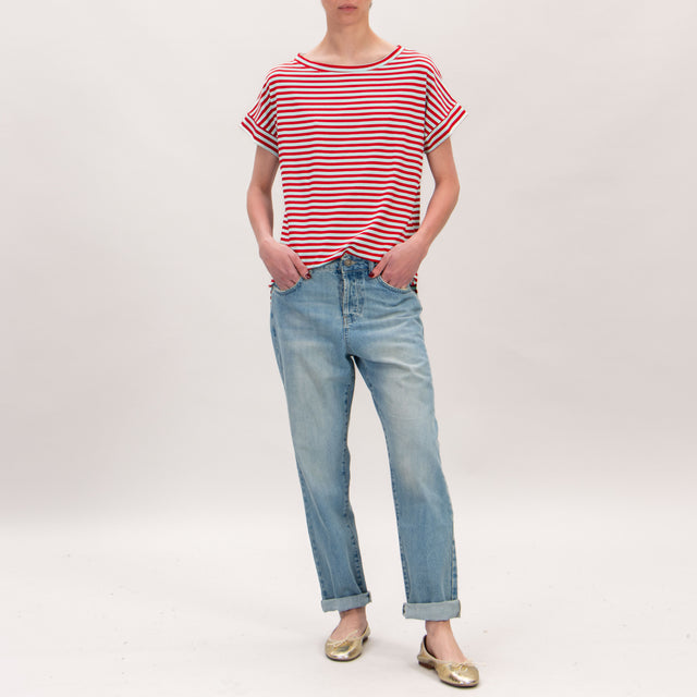 Zeroassoluto-Camiseta de punto cuadrado a rayas - rojo/aqua