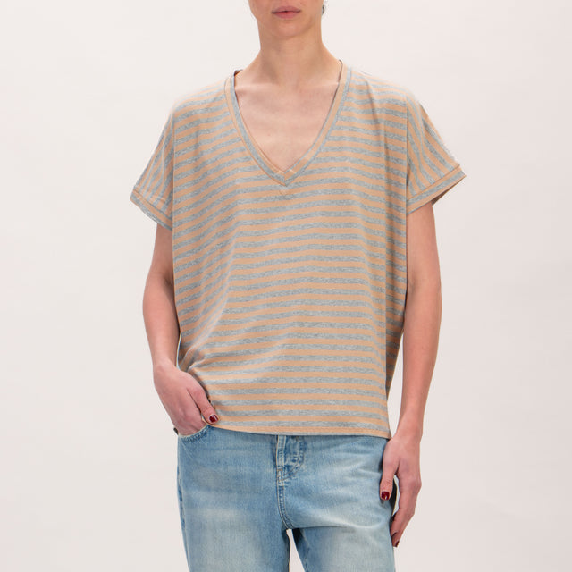 Zeroassoluto Camiseta de punto a rayas con cuello de pico - gris melange/beige