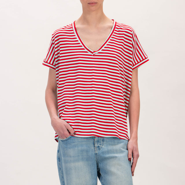 Zeroassoluto Camiseta de punto a rayas con cuello de pico - rojo/aqua