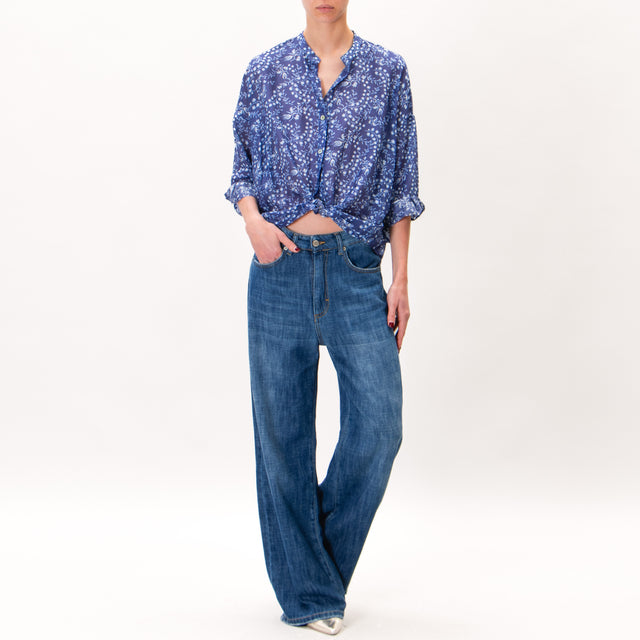 Zeroassoluto-CATY camisa con estampado de mezcla de muselina y seda - azul flora/jeans/blanco