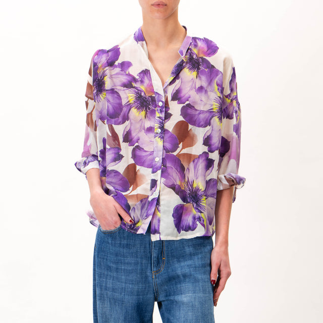 Camisa Zeroassoluto-CATY con estampado de muselina de mezcla de seda - mantequilla/púrpura/floral oscuro