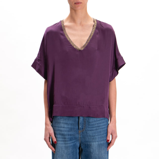 Blusa tensada con cuello de pico y borde de lúrex - violeta