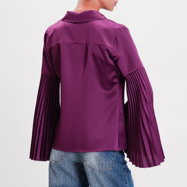 Souvenir-Satin Pleated Wide Sleeve Shirt - Aubergine