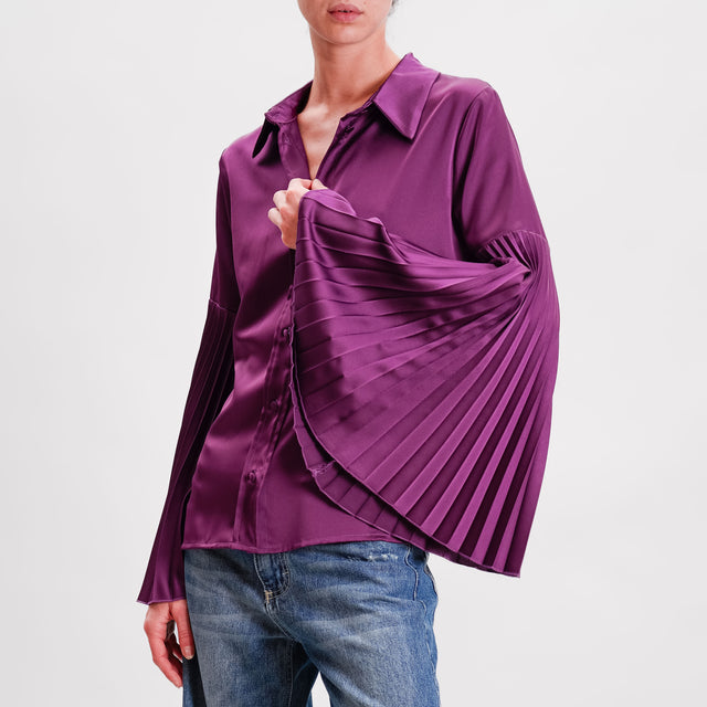 Souvenir-Satin Pleated Wide Sleeve Shirt - Aubergine