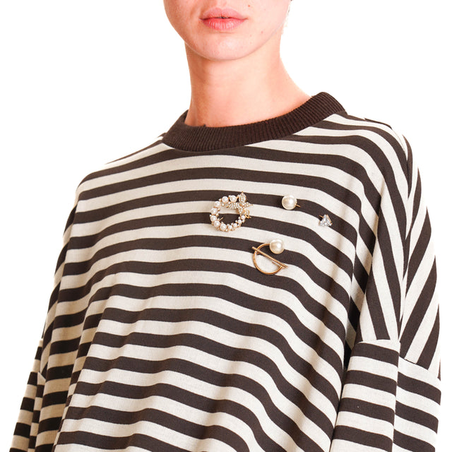 Souvenir-Striped Sweatshirt with Pins - Dark Brown/Chalk