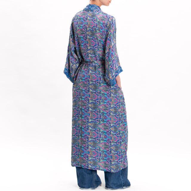 Kontatto-Kimono estampado en mezcla de seda con cinturón - aqua/pink/royal