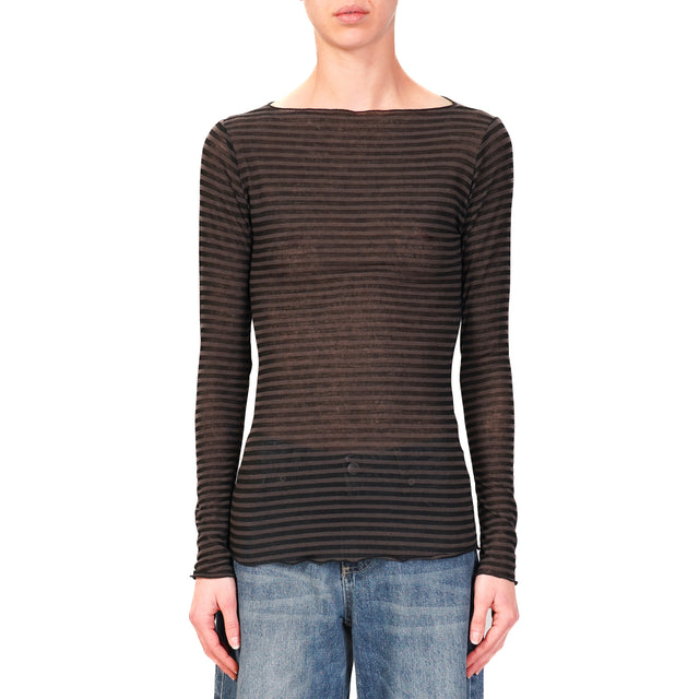 Tensione in-T-shirt a righe misto cashmere - moka/nero