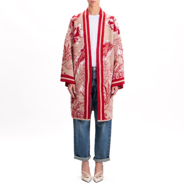 Tensione in-Kimono in maglia jaquard - beige/rosso