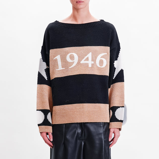 Tensione in-Maglia righe "1946" misto lana - cammello/nero/burro