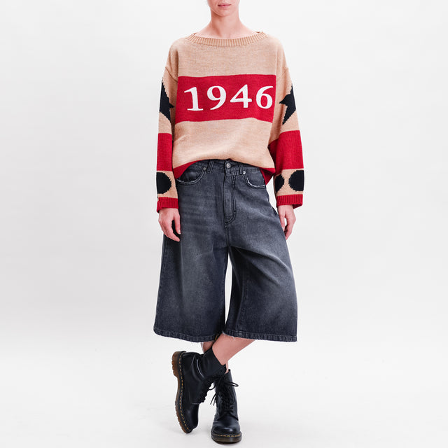 Tensione in-Maglia righe "1946" misto lana - rosso/cammello/nero