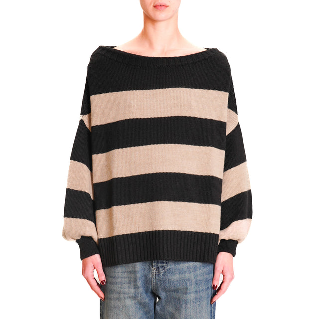 Tension in-Striped Alpaca Blend Sweater - Black/Hazelnut