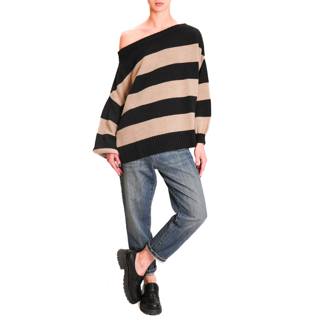 Tension in-Striped Alpaca Blend Sweater - Black/Hazelnut