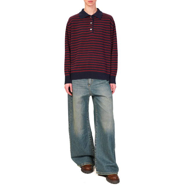 Tensione in-Maglia misto cashmere polo a righe - blu/bordeaux