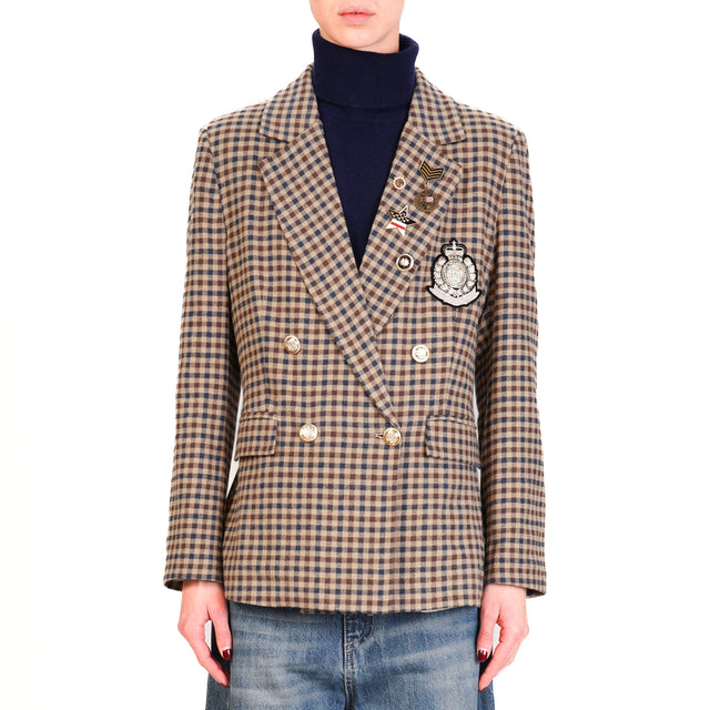 Tension in-Jacket Checked with Patch - Beige/Blue/Dark Brown