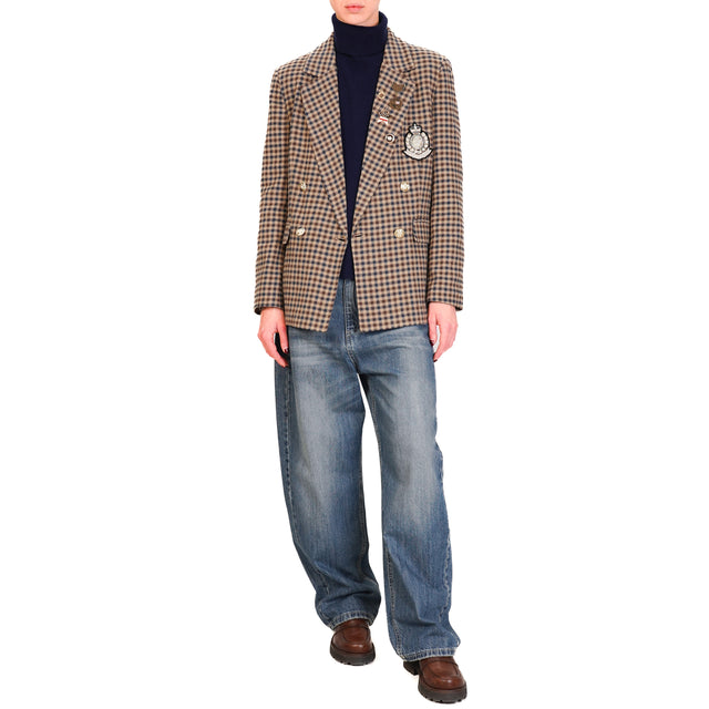 Tension in-Jacket Checked with Patch - Beige/Blue/Dark Brown