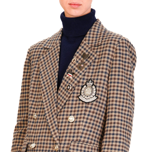 Tension in-Jacket Checked with Patch - Beige/Blue/Dark Brown