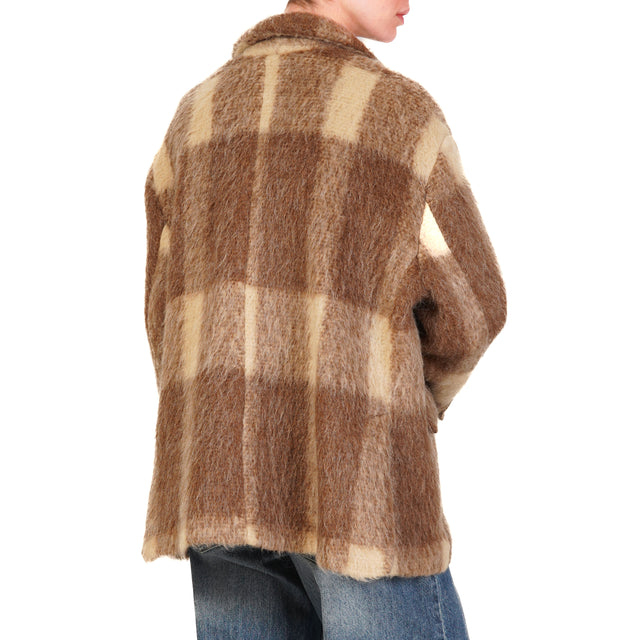 Tensione in-Cappotto mohair quadri con spille - cuoio/beige