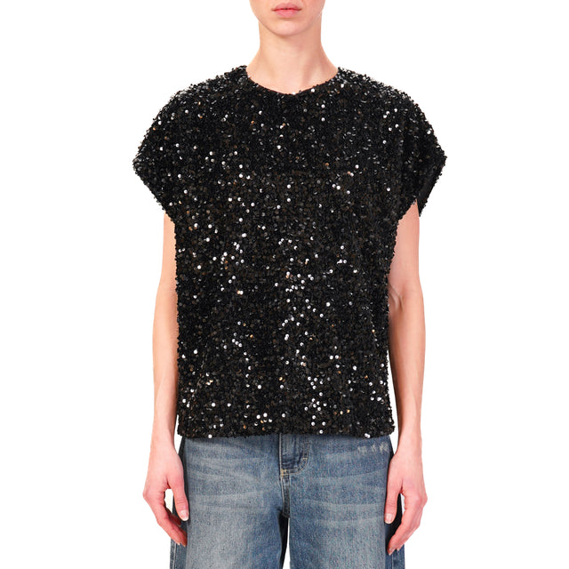 Tensione in-Blusa paillettes bottone dietro - nero