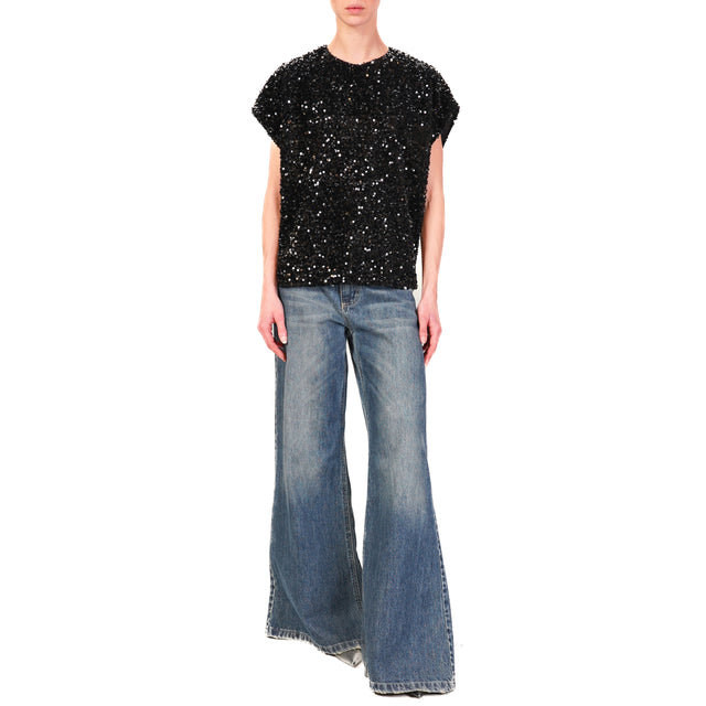 Tensione in-Blusa paillettes bottone dietro - nero