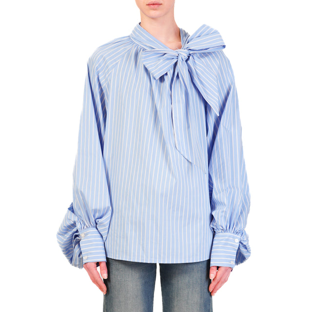 Tensione in-Camicia gessata con fiocco - sky