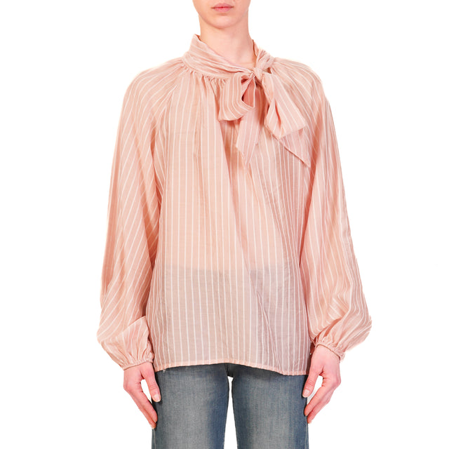 Tensione in-Blusa mussola gessata con fiocco - rosa