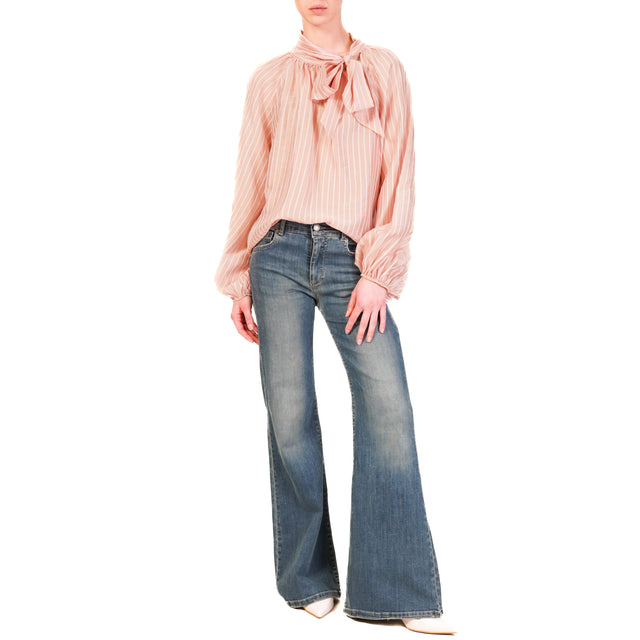 Tensione in-Blusa mussola gessata con fiocco - rosa