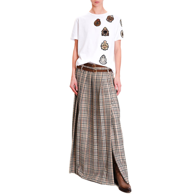 Tension in-Check skirt side slit - beige/black/tan